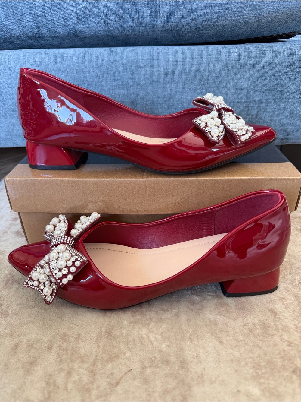 Pearl-Bow Patent Red Pointed-Toe Flats - Picture 3 of 9